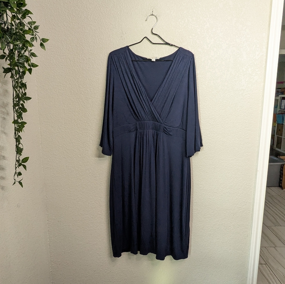 Boden Navy Blue Draped Jersey Midi Dress 3/4 Bell Sleeve Faux Wrap Stretch 16R - Picture 2 of 11